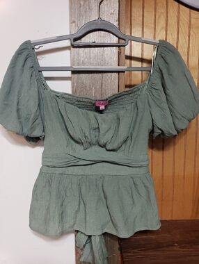 Babydoll Puff Sleeve Peplum Tie On Back Stretch Bodice Back Olive Green Large